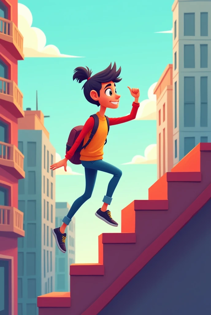 A young adult cartoon character climbing steps representing daily progress, with buildings in the background