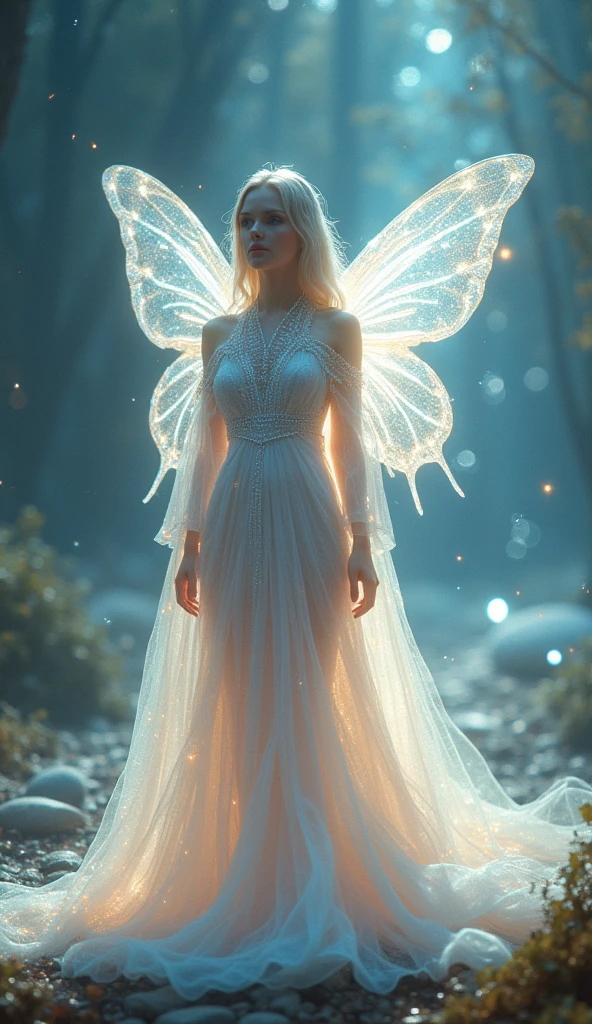 fairy fractal elemental of light and plasma, butterfly wings made of threads, long cloak dress made of light thin stripes of haze disappearing into the background, iridescence, airy, atmospheric, translucent, detailed drawing, HDRI Lightin, flickering, professional photo, high resolution, 8k, surrealism, aesthetics female body, light colors, delicate pearl pastel colors a scattering of star dust, starry sky, opalescence, fractal background golden kaleidoscope dissolution, beautiful eyes and face, cinematic photo, 35mm photograph, film, bokeh, professional, 4k, highly detailed