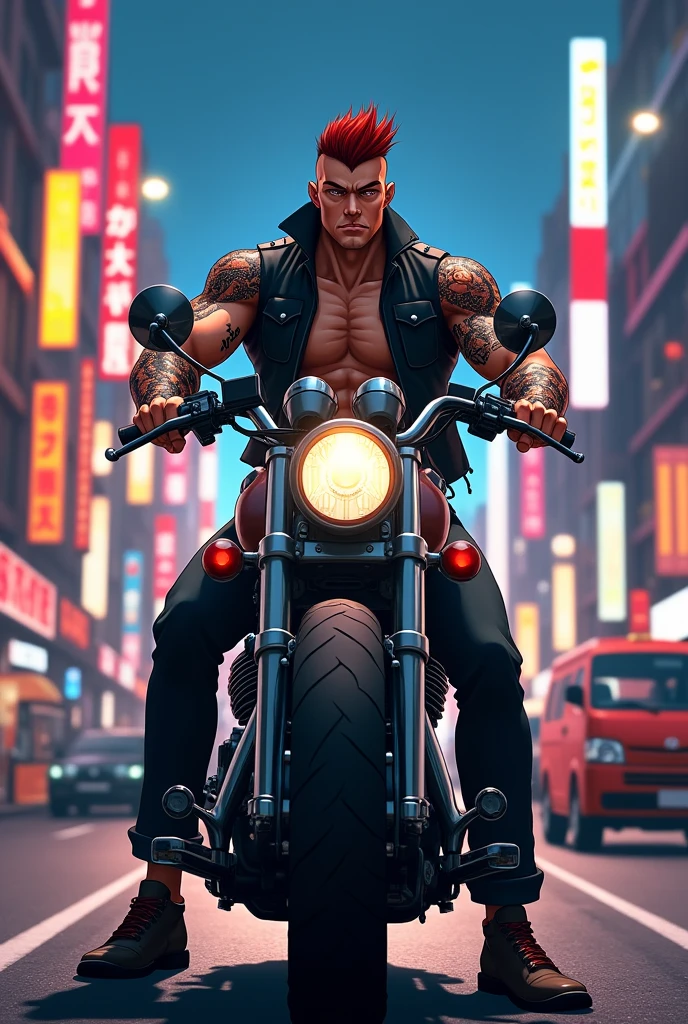 Ken Ryuguji on a motorcycle. super handsome man, high, strong, rubio, with braid. Tattooed on the head a dragon. muscular. Tokyo revengers