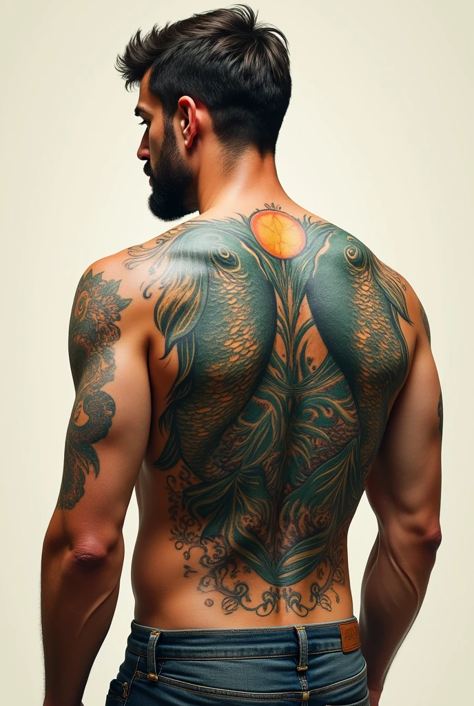 Create an image of an ordinary man with a very creative and large tattoo of the Pisces sign on the back