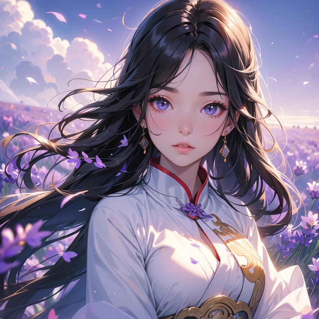 A beautiful girl with black long hair, wear white ancient chinese clothes, Stroll among the purple lavender fields , There are some floating clouds,, with the sun shining on her face, close up.
