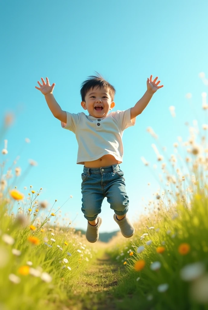 Create UHD photorealistic photo of an energetic 28-month-old Asian boy jumping in a field under a blue sky. Use a 50mm lens, focusing on action and bright light. No animation, no 3D image, no extra fingers.