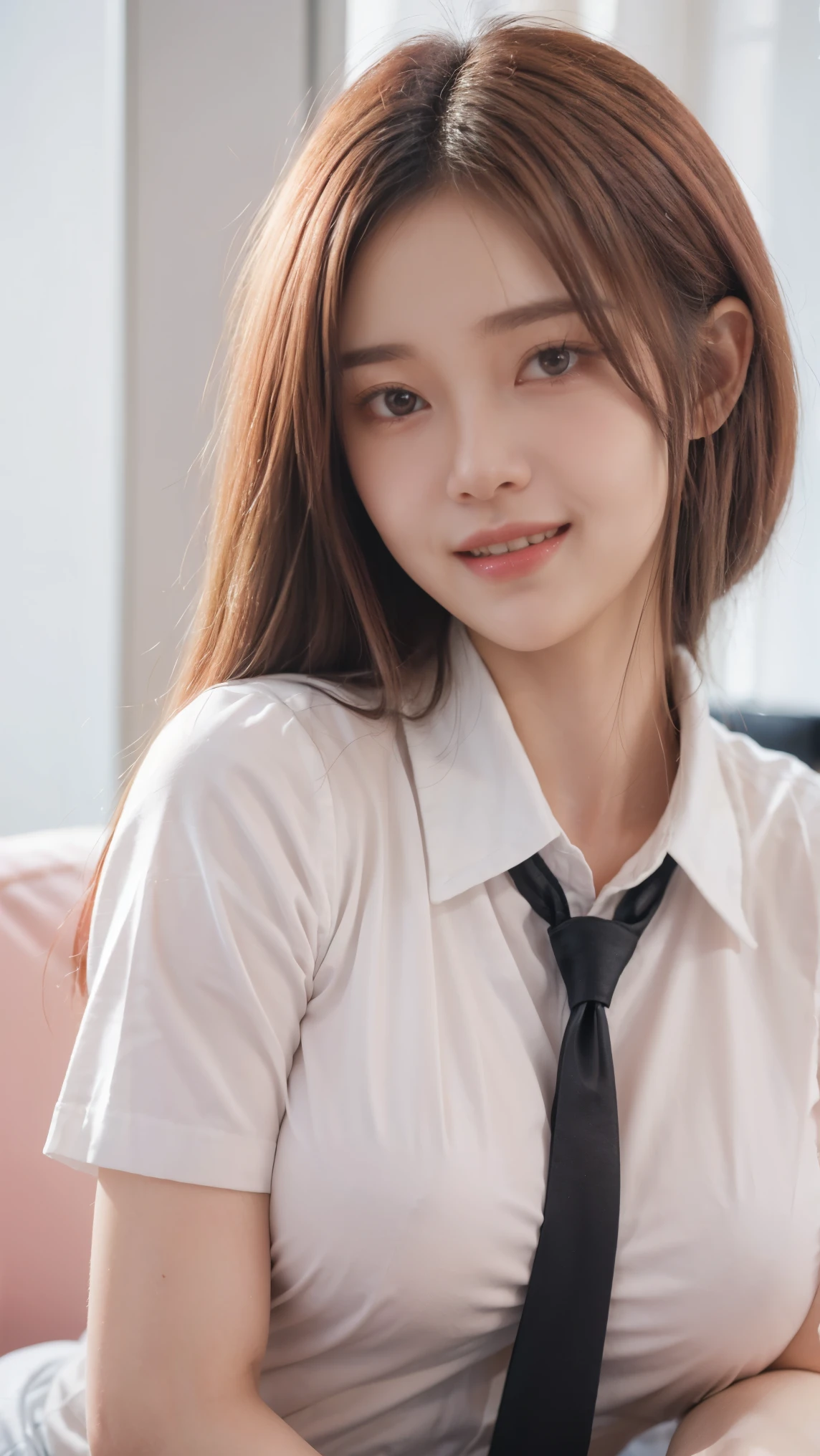 Highly detailed, ultra-realistic, portrait of a young woman with pink hair, wearing a school uniform, natural lighting, realistic skin texture, sharp facial features, deep expressive eyes, giggle smile, expression giggle, natural big breast. The background should match the original image, keeping the vibrant and energetic feel of the character.
