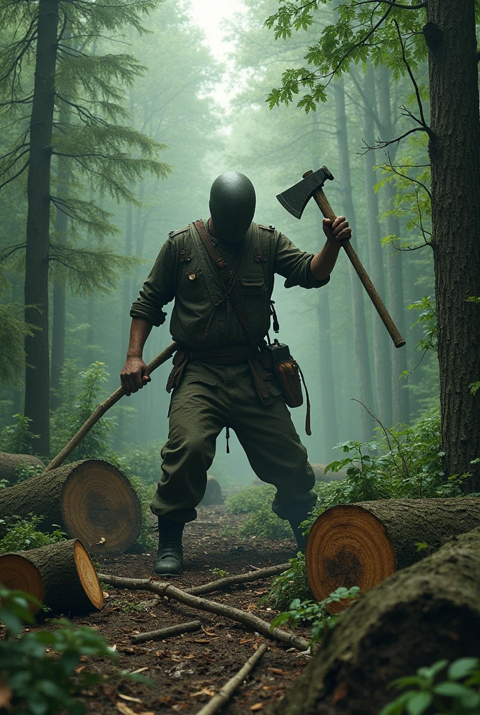 Create an image where there is a person cutting down trees destroying nature.