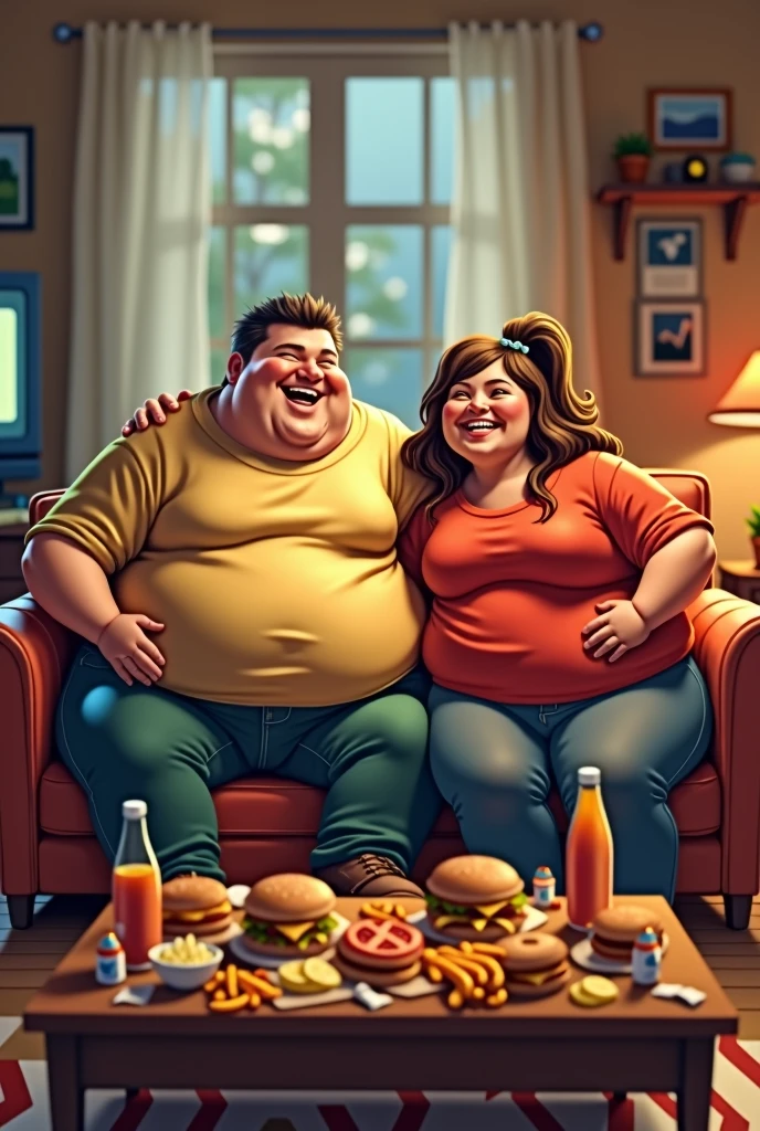 A fat couple sitting on a sofa, surrounded by fast food packaging and unhealthy foods, like hamburgers, Chips, Soft drinks, pizzas and sweets. The couple is laughing and looking happy while watching a TV show. The room is cozy, with a coffee table full of more food and a television in the background showing a comedy show. The lighting is soft, creating a relaxing and comfortable environment