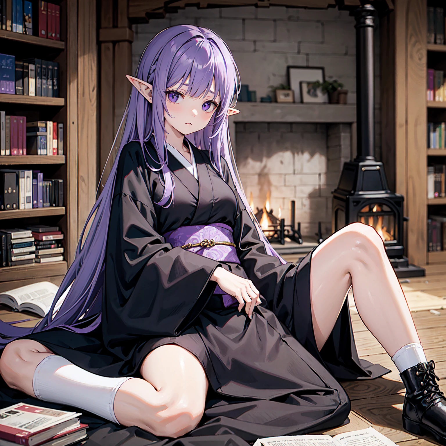 Unmanned and dilapidated library. A large number of bookshelves here and there. A girl asleep on the floor of the library at the back of the screen. She is sleeping on her side with her back to the floor. She is lying on her face. She is weak. Purple hair. A girl with long, straight purple hair. Elf ears. Her clothes are simple: a black robe with wide sleeves and a black miniskirt. Her knees stick out. A white V-shaped white insert like a kimono on the front. Black boots. Deep sleep. No other people. There is a fireplace.