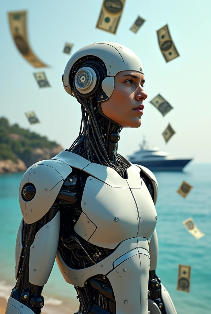 Robot Man , looking ahead , with dollars and euros falling on top of him with a background of sea and yachts. Let it be seen from the chest up that he is a man