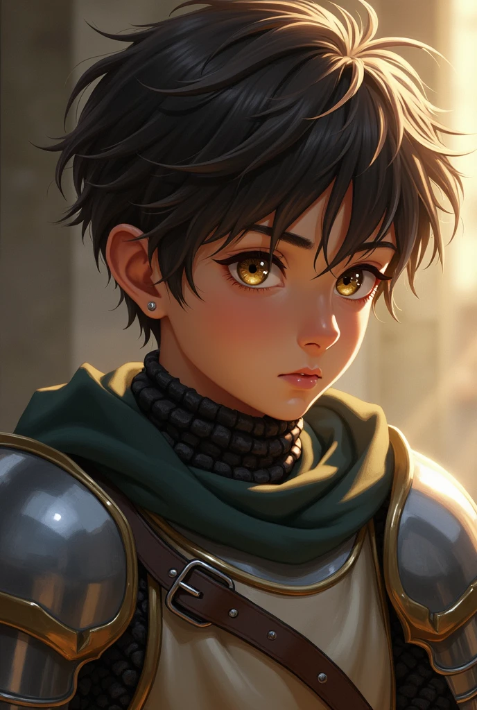 has short, tousled dark brown hair and warm, hazel eyes that convey both his inner turmoil and deep affection for those he cares about. He has a strong, athletic build, a result of his training as an honorable knight. His attire is practical yet refined, often consisting of well-fitted armor or simple, elegant clothing that reflects his noble heritage.
(20 yrs)