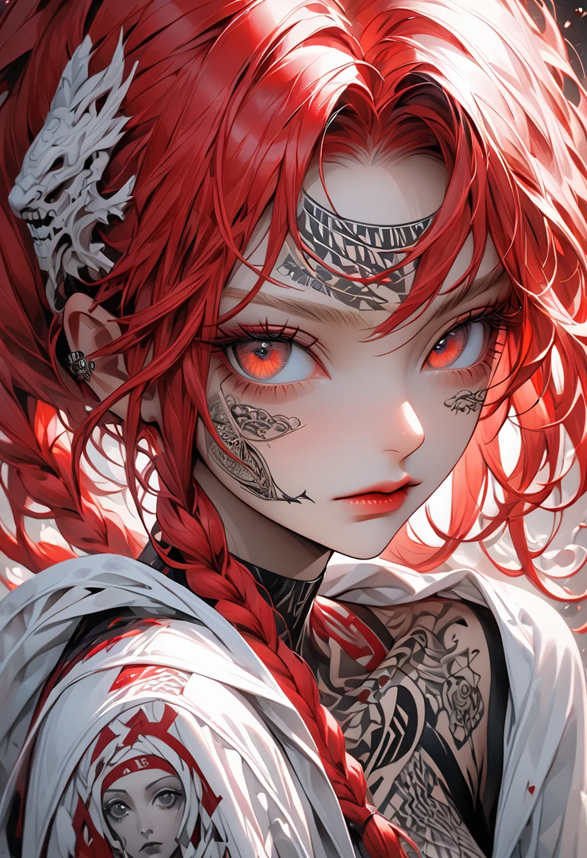 A highly detailed, hyper-realistic portrait painting of a young woman with vibrant crimson afro hair styled in an elaborate high silver and two long braided pigtails. The blonde hair  features intricate insetos moscas baratas escaravelho with various insetos including moscas batatas insetos and a prominent baratas with 'UNS' written in white bold letters. The woman's face is starsvered in elaborate tattoos with intricate designs including swirls, leaves, geometric pat