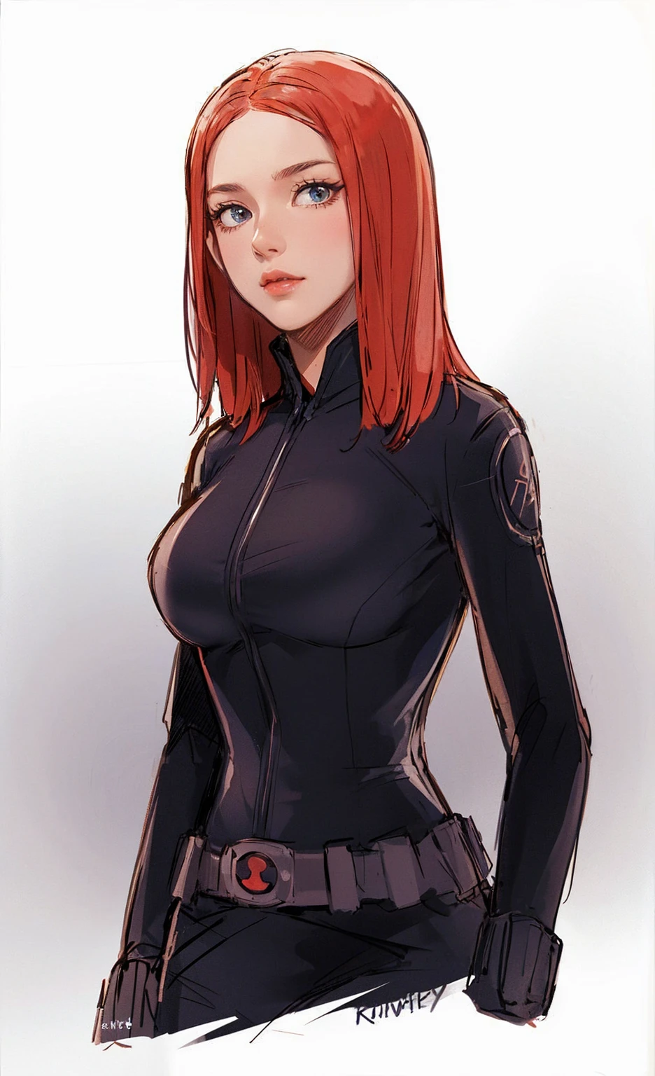 The image depicts Black Widow. She is illustrated with bright red, shoulder-length hair and blue eyes, and is clad in a sleek skin-tight shiny black latex bodysuit with a black silver zipper running down the front. The suit is complemented by her shiny iron wrist guard on both wrists and a metal belt with a buckle that features a red hourglass mark. Her gaze is intent and directed off-screen, implying alertness and focus on an unseen threat or target. She appears with a cute smile on her face. The atmosphere of the image conveys confidence and resilience, characteristics synonymous with the Black Widow persona. The background of the image is an off-white color, which creates a subdued and timeless ambiance.