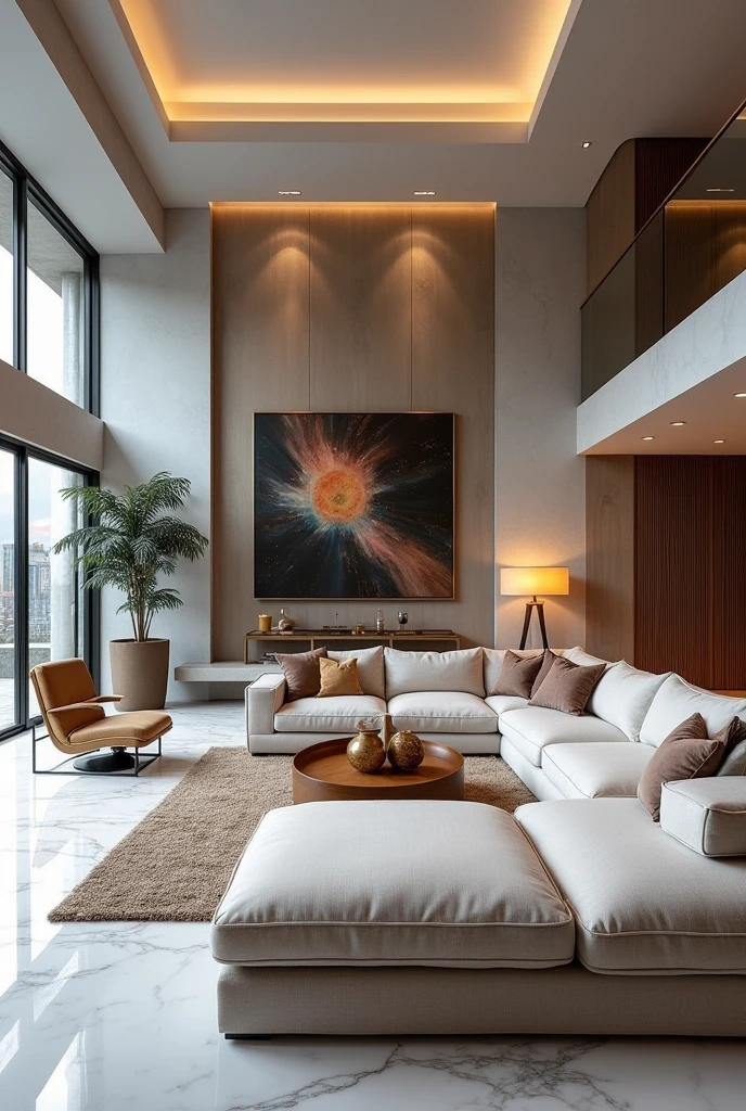 "(best quality,4k,8k,highres,masterpiece:1.2),ultra-detailed,realistic,modern luxury livingroom,contemporary design,sleek furniture,expensive-looking decor,elegant color palette,minimalist,large windows,abundant natural light,high ceiling,spacious,open concept,distinctive lighting fixtures,marble flooring,unique artwork,stylish rugs,comfortable seating,plush cushions,polished surfaces,metallic accents".