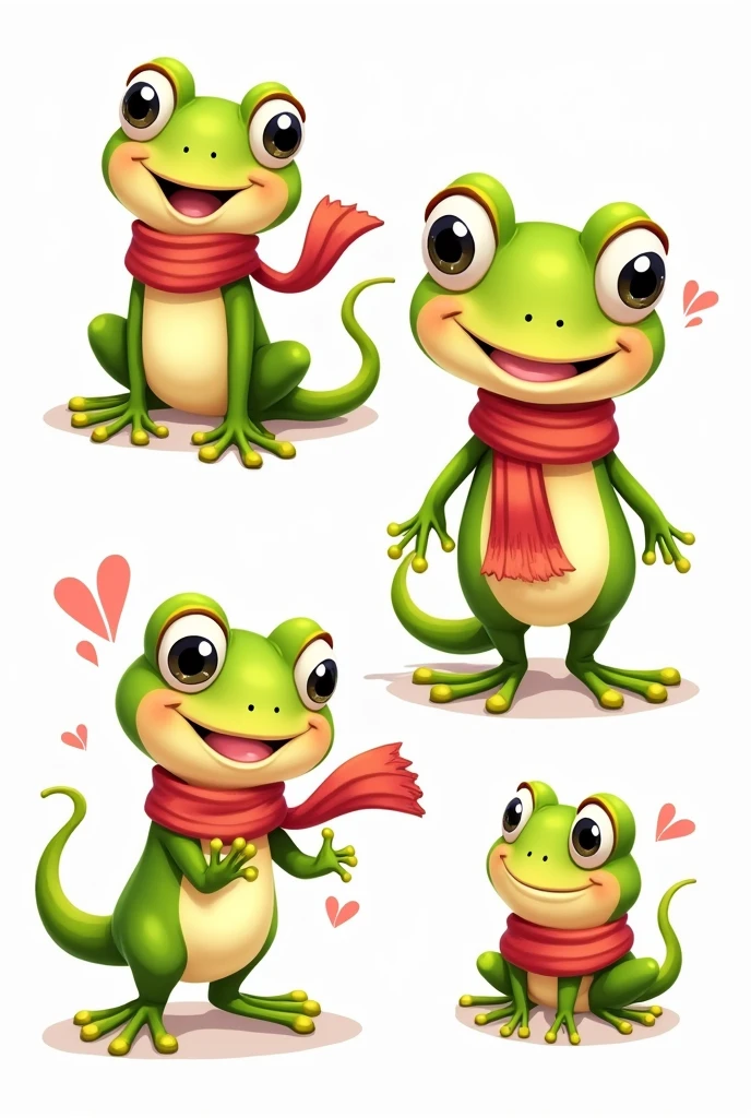 A charming cartoon illustration featuring a cute and adorable frog with a lizard-like tail.. The character Sapolino is portrayed with expressive eyes and a playful smile, nice and friendly, wearing a beautiful red and white striped scarf. The background is white. The overall tone of the image is warm, inviting and full of joy. multiple poses and expressions