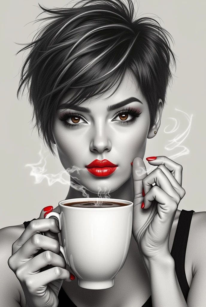 a perfect pencil sketch of a woman, short pixie dark hair with bangs, & white highlights, she's winking, other eye brown, long lush lashes, she's got a coffee mug in one hand with steam rising from it, she's blowing on her hot coffee with ultra-bright red lips, wearing a big turtle-necked sweater, ultra-bright red fingernails, other hand up by her face, grey muted bg