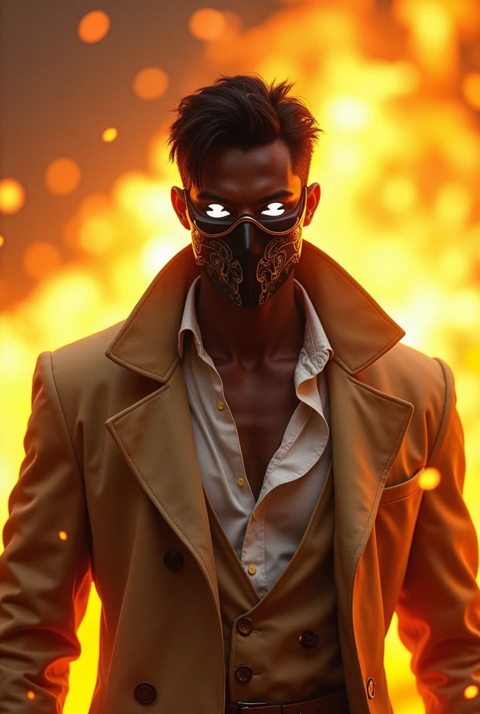 create a character from a game , His name is Rafael Darkbane, he has solar manipulation powers, he can generate explosions of light and heat. , He is dark-skinned and his clothes are a beige coat and a black mask with white eyes. , a white dress shirt  