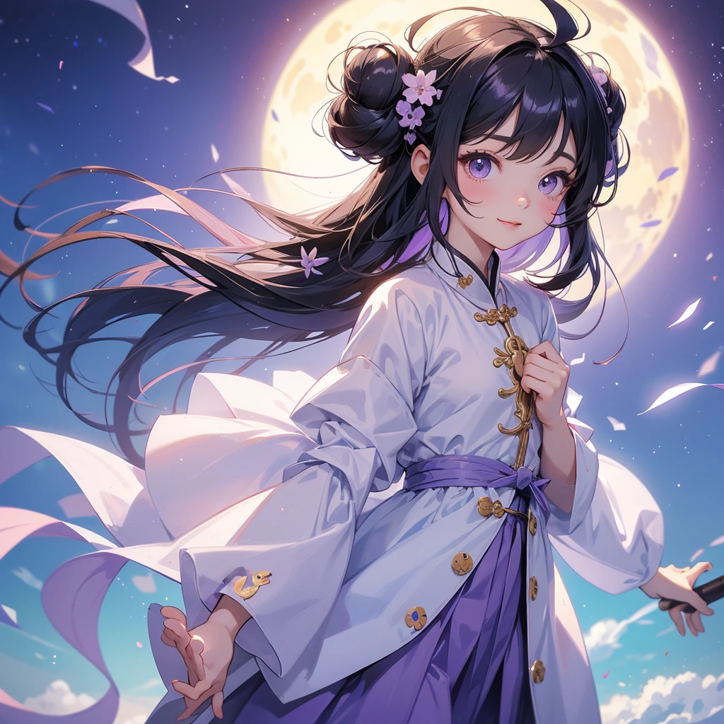 A chibi child girl had a small face and Wearing white little Taoist priest's outfit. A pair of big round eyes shone with curiosity about him. This child was so cute! ,her hair is black with two buns on her hair.small chibi, chibi baby, smiling,The little chibi baby looked up with his chest raised, and his face was old and proud.
Stroll among the purple lavender fields , There are some floating clouds.