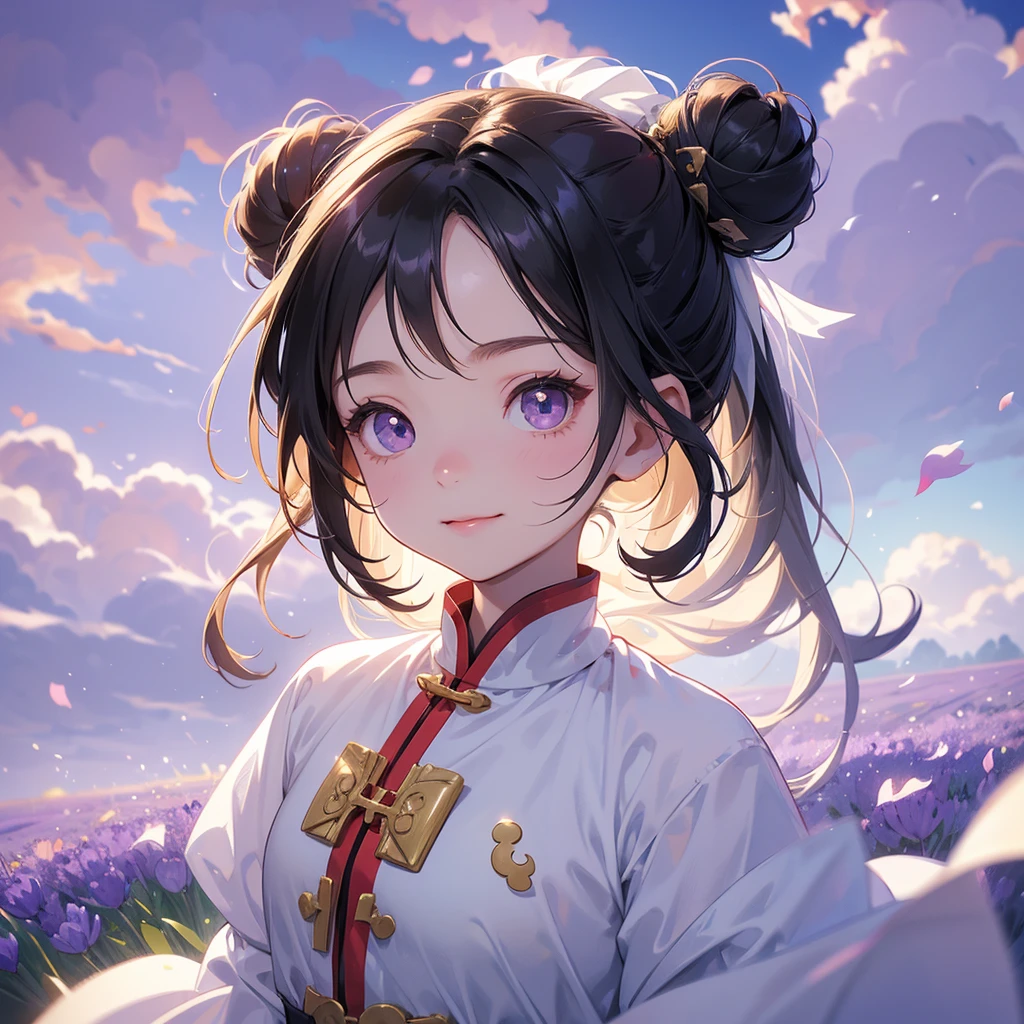 A chibi child girl had a small face and Wearing white little Taoist priest's outfit. A pair of big round eyes shone with curiosity about him. This child was so cute! ,her hair is black with two buns on her hair.small chibi, chibi baby, smiling,The little chibi baby looked up with his chest raised, and his face was old and proud.
Stroll among the purple lavender fields , There are some floating clouds.
