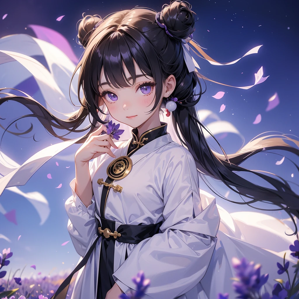 A chibi child girl had a small face and Wearing white little Taoist priest's outfit. A pair of big round eyes shone with curiosity about him. This child was so cute! ,her hair is black with two buns on her hair.small chibi, chibi baby, smiling,The little chibi baby looked up with his chest raised, and his face was old and proud.
Stroll among the purple lavender fields , There are some floating clouds.
