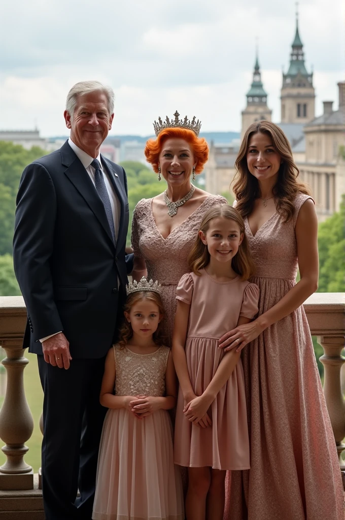A queen in her 50s with orange hair with her 2 daughters, each in their 20s, and her husband on the British balcony waving