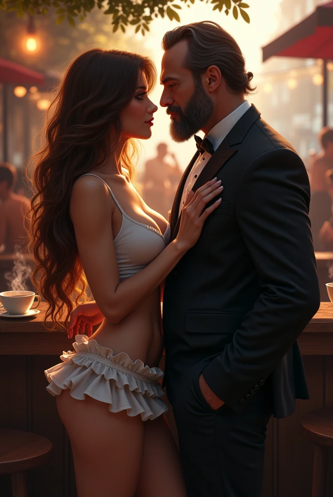 A beautiful and sexy young girl, 2, with big breasts, brown hair color for men, wear a ruffled miniskirt, a white tank top , meets his 4 godfather,  in a cafe in the city center.