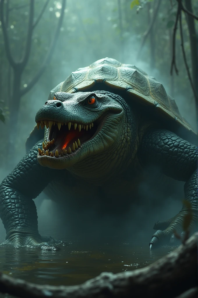 Photographie terrifiante d’un croisement entre un alligator et une tortue alligator. Un corps et une carapace de tortue avec une tête d’alligator et des pattes d’alligator