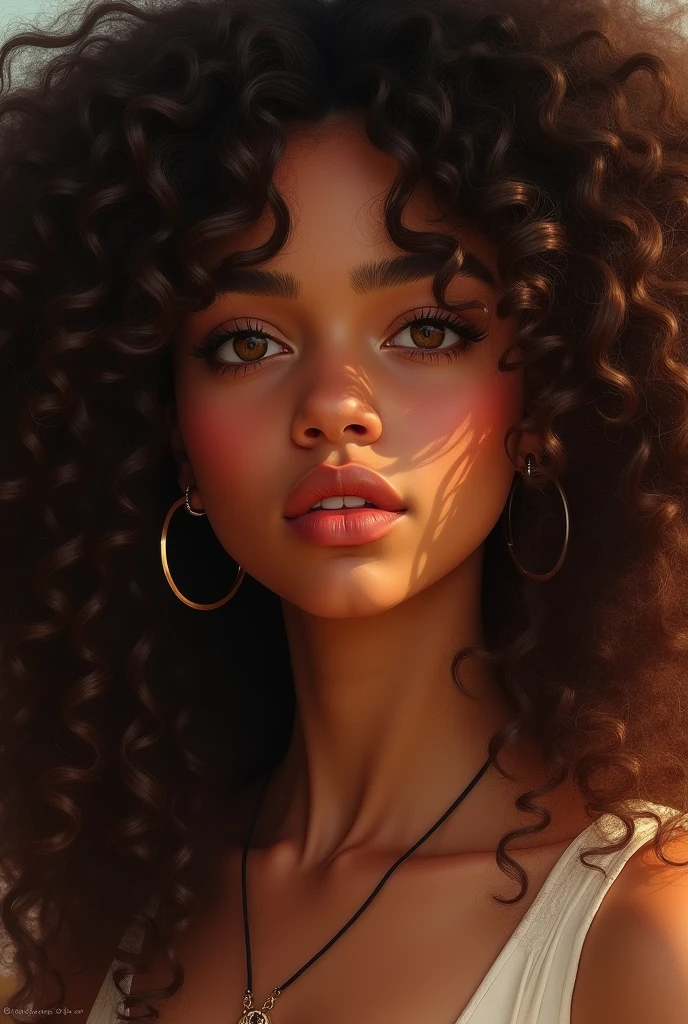 Teenager woman with long curly brown afro hair, short brown eyes 