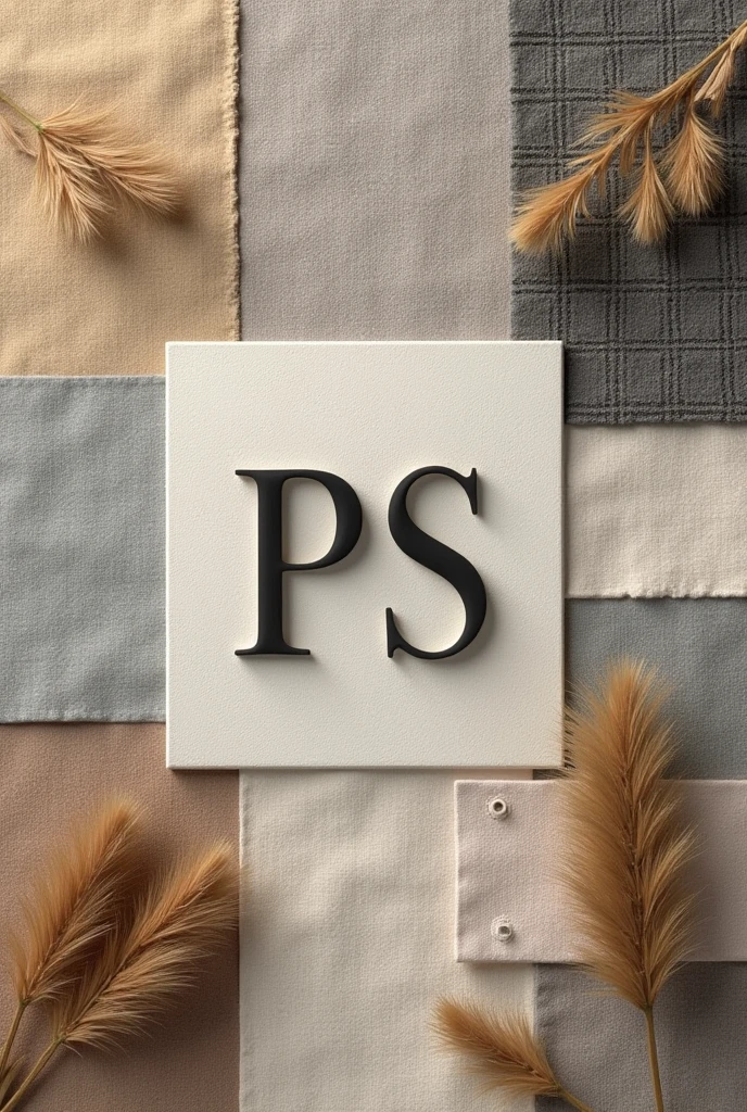 Minimalist PS clothing logo in relief on a fabric patchwork background