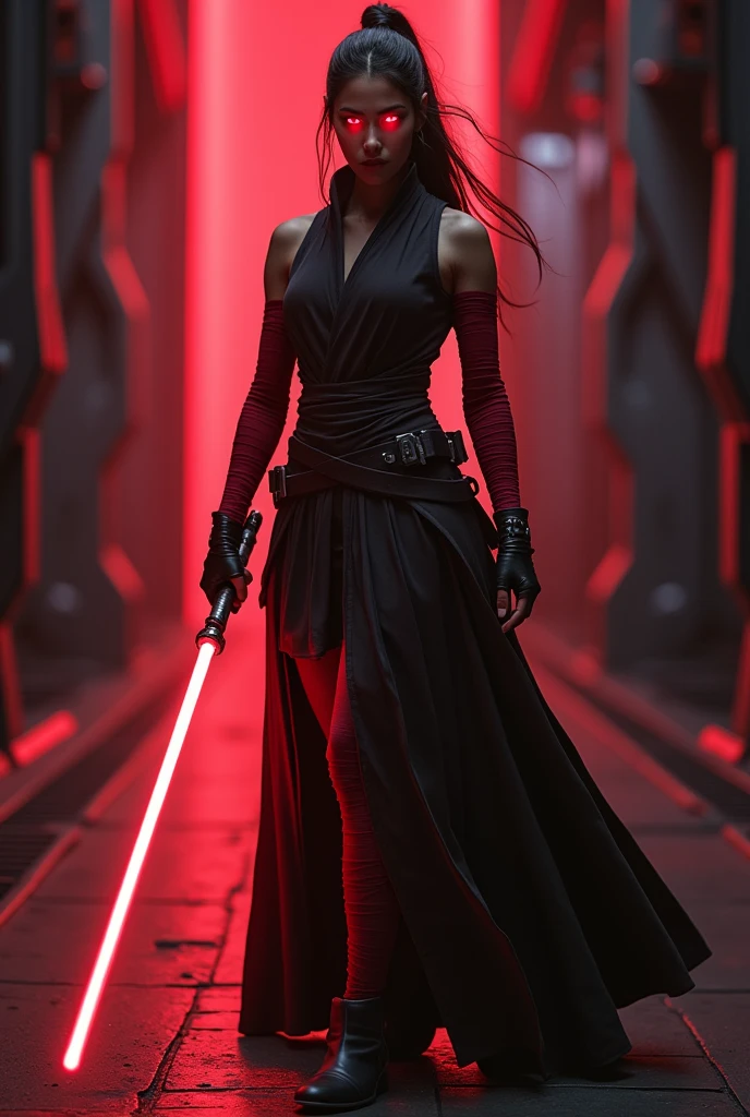 Beautiful, Mexican, female, young woman, long black hair tied into a tight ponytail, bright red eyes, wearing black Jedi robes, arms wrapped in red bandages, wearing black fingerless leather gloves, legs completely wrapped in red bandages, wearing black leather boots, red smoke emanating from her head and shoulders, holding a lightsaber in one hand, standing in a hallway of a futuristic spaceship, very dark lit, viewed from the front