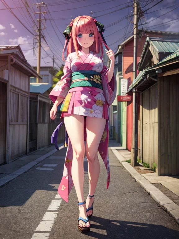 best quality, insanely detailed, nino nakano, breasts, blush, looking at viewer, cheerful eyes, arousal, kimono, highleg kimono, athletic kimono, tight kimono, pussy, full body, roof top background, airwalking
