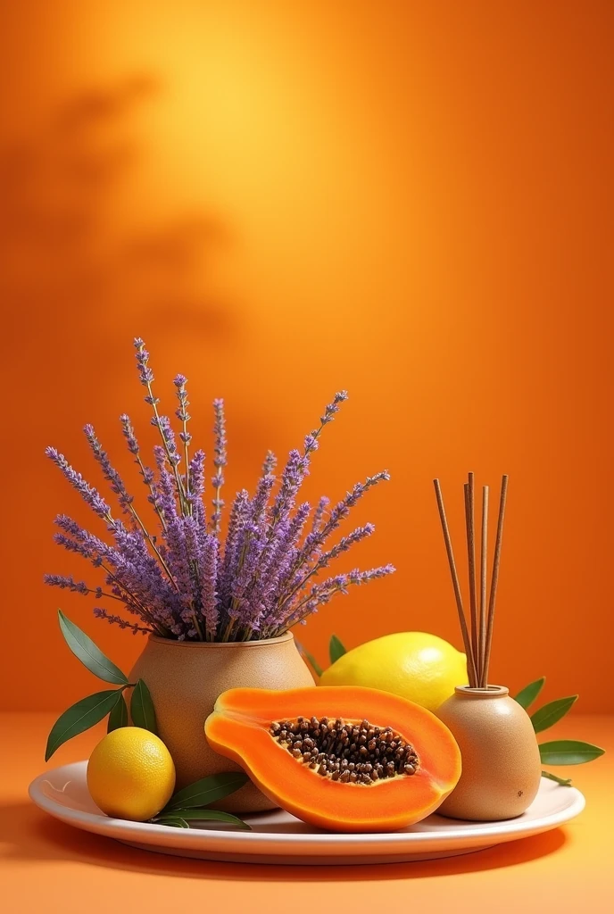Turmeric , Lavender,  Lemon ,  Half cutted Papaya , Saldalwood stick all together in plaine tray . Background orange shades