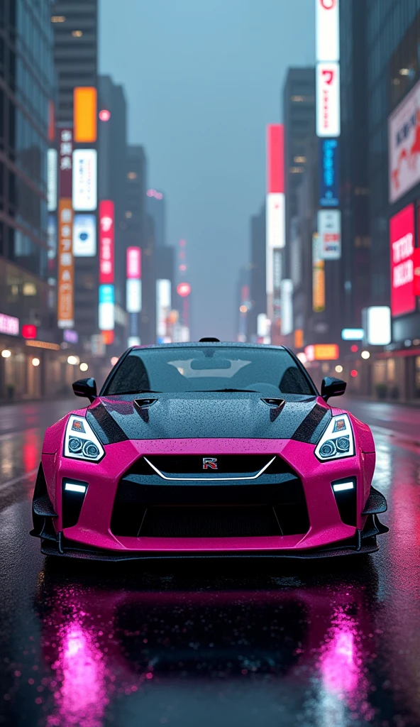 GTR R35 with pink and black bory kit in emty Tokyo Drift with LEDs in the city with wet asphalt and dark and rainy sky 