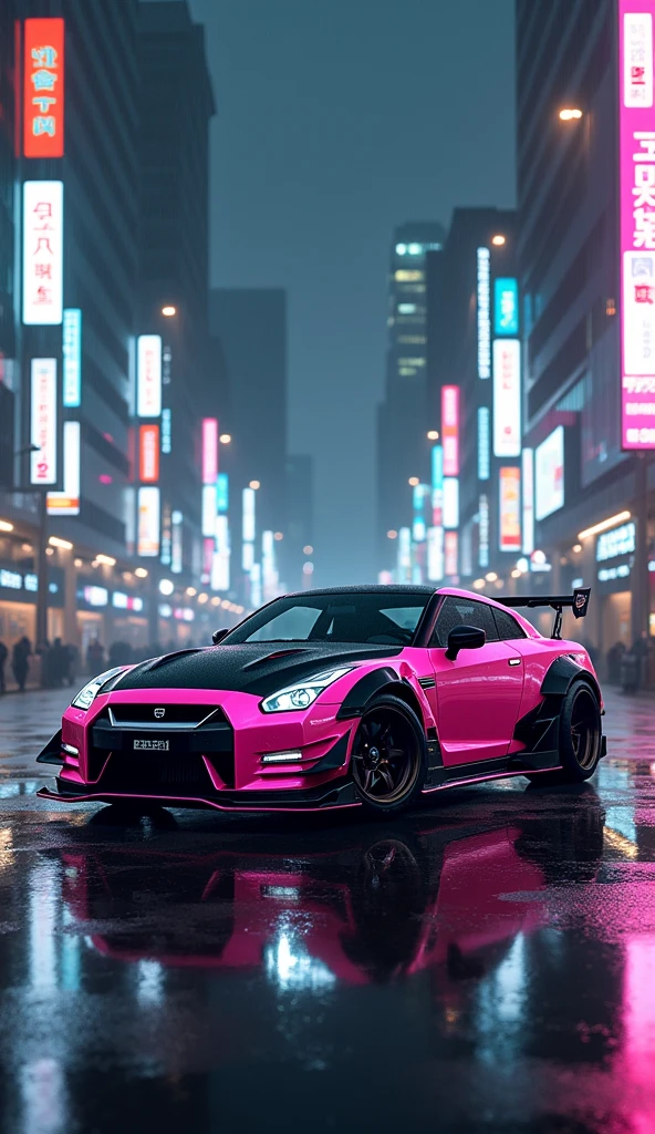 GTR R35 with pink and black bory kit in emty Tokyo Drift with LEDs in the city with wet asphalt and dark and rainy sky 