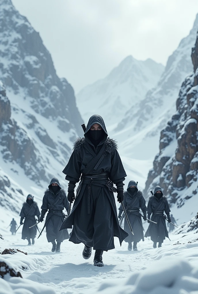 Ninja hatori and background full ninja team and background location like a black and snow mountain 