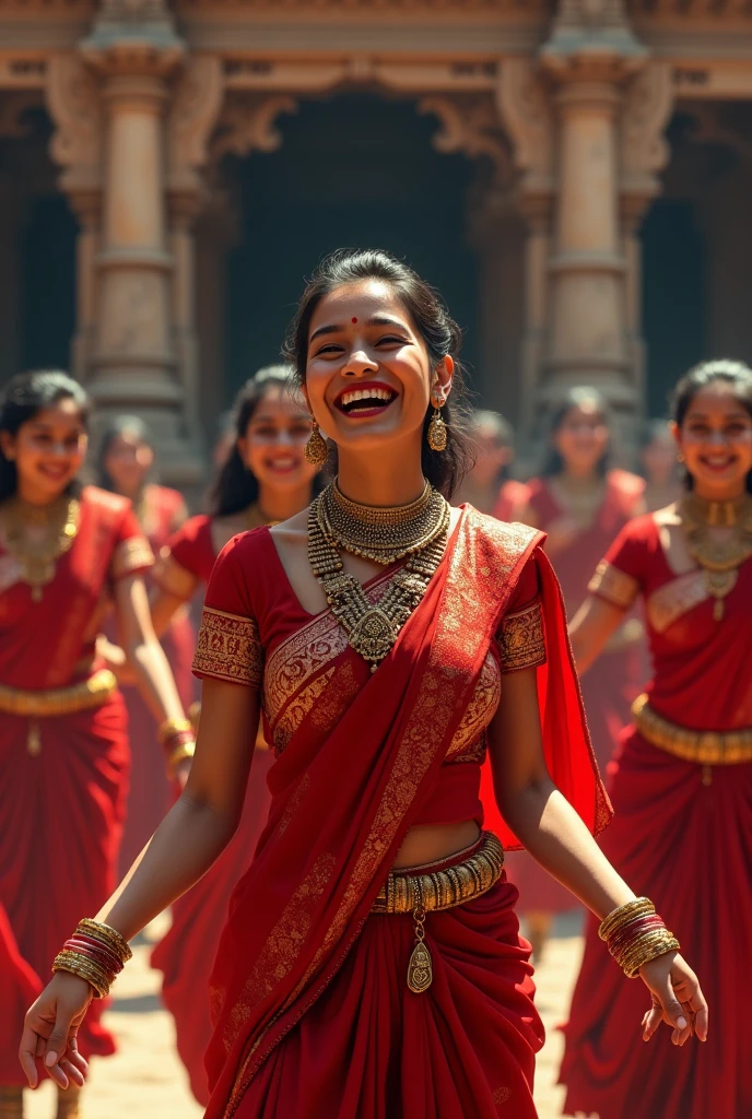 (photorealism:1.2), create a nepali  women wearing red saree and nepali tradition jewelery  in a temple dancing, laughing and enjoying  along with the groups of a girls

