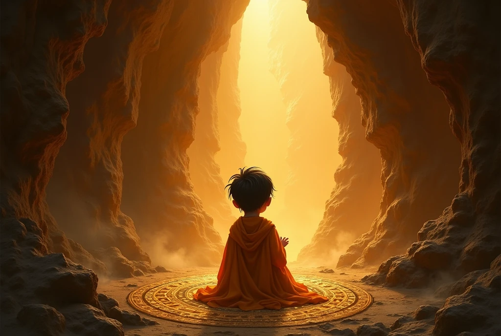 There is a cave inside which a child is worshiping, the child is wearing saffron colored clothes.