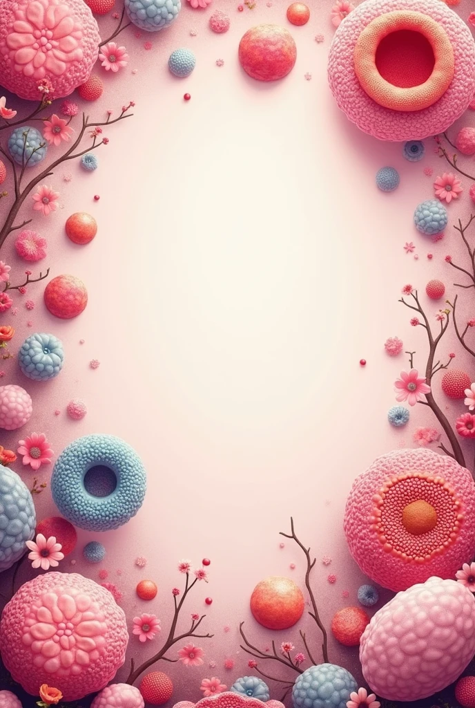 A simple, beautiful, cute, pink book cover for eukaryotic cells ,space for book name in the middle , hd , details, retro, biology
