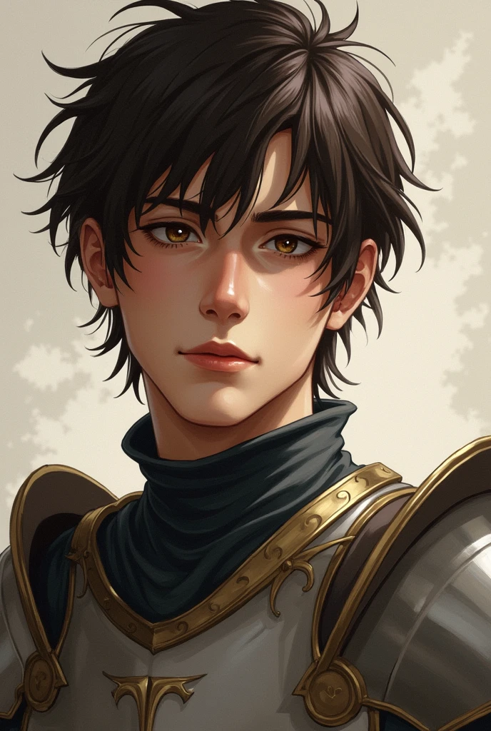 has short, tousled dark brown hair and warm, hazel eyes that convey both his inner turmoil and deep affection for those he cares about. He has a strong, athletic build, a result of his training as an honorable knight. His attire is practical yet refined, often consisting of well-fitted armor or simple, elegant clothing that reflects his noble herita