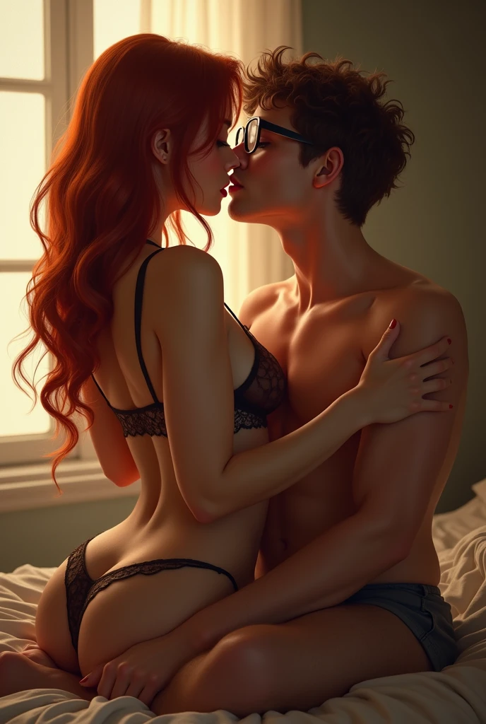 Redhead girl in brown lingerie, with glasses, small breasts and small ass, beijando um garoto nerd with glasses e feio, reasonably fat.