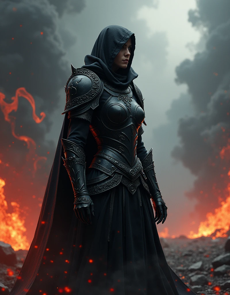 wall-paper, Woman in black armor, underworld, dark, demonic, fire,