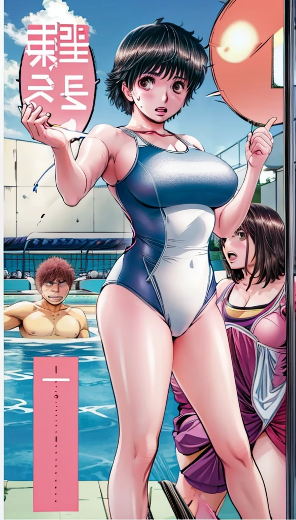 A beautiful girl with short hair, boyish features, big breasts and beautiful legs is standing by the pool in a bright pink high-cut swimsuit with the arena logo and lettering, with her legs spread to the sides, blushing and her mouth open.。A middle-aged man is standing, pointing his camera lens at a beautiful woman.。