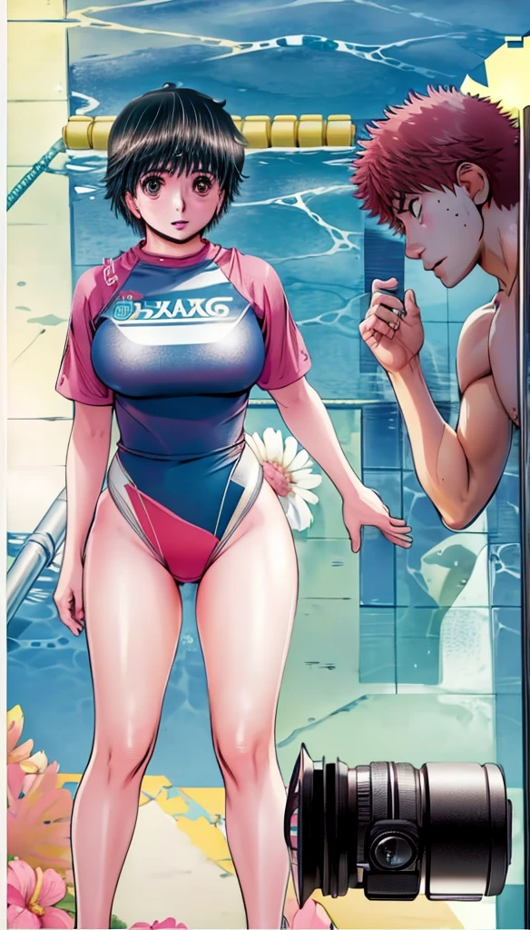 A beautiful girl with short hair, boyish features, big breasts and beautiful legs is standing by the pool in a bright pink high-cut swimsuit with the arena logo and lettering, with her legs spread to the sides, blushing and her mouth open.。A middle-aged man is standing, pointing his camera lens at a beautiful woman.。