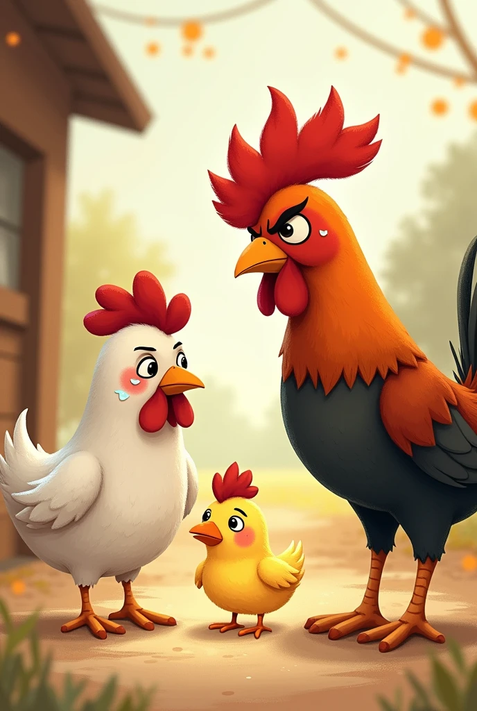 Dessin histoire pour enfant, dessin mignon, poule fatiguée qu transpire un peu, coq qui râle et froncé les sourcils sur  une poussine qui boude tristement 