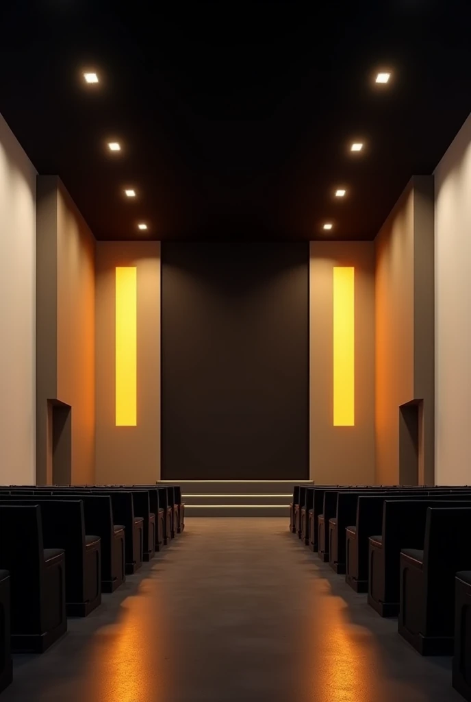 Interior of a minimalist evangelical church in a rectangular shape, black background wall with led panel in the center, black upper ceiling with several yellowish light points, party lights pointing at stage and illuminating,  white side walls, lights coming out of the stage