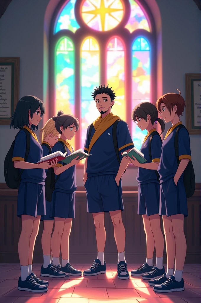 "In an anime-style scene set inside the monastery's church, the medium height, medium build white man with short, curly black hair, white skin, brown eyes, and a goatee is now dressed in the dark blue school uniform with yellow trim, blue shorts, and blue sneakers, similar to his students. He has folded his yellow dress shirt and white Cistercian habit neatly in a corner. Surrounded by three teenage girls and five teenage boys, all in the same school uniform, they are illuminated by the colorful light streaming through the stained glass windows. The group is reading intently, with the peaceful atmosphere of the church contrasting with their serious engagement in the task at hand."