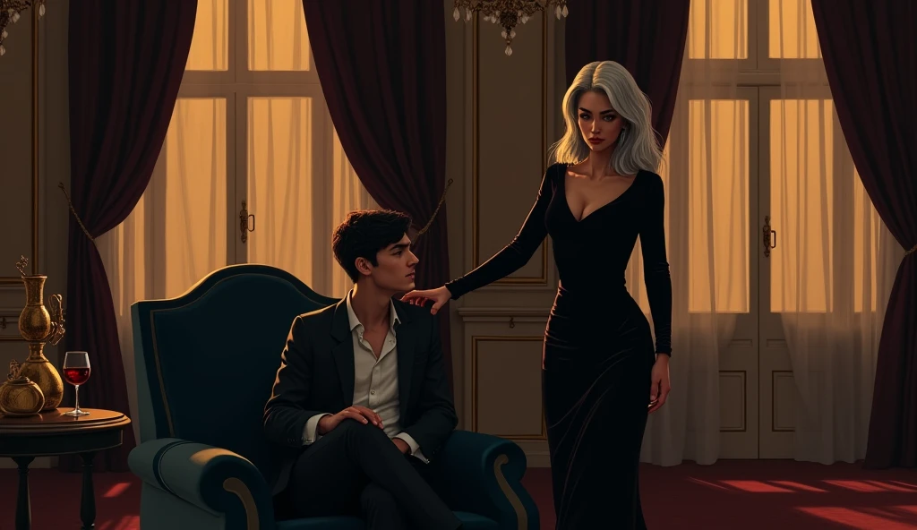 retrato realista "Create a scene set in an opulent, dimly lit, luxurious hotel room with golden accents, known as the 'Golden Room.' The room exudes an air of mystery and sophistication, with rich, dark velvet drapes partially drawn over large windows, allowing a soft, amber glow to seep through. In the center, a young man in his early 20s, Alejandro, with short dark hair and a thoughtful expression, is sitting on a plush, deep blue velvet armchair. Next to him, a striking older woman in her 70s, Beatriz, with silver hair elegantly styled, is standing. She wears a form-fitting, black evening dress that reaches just above her knees, highlighting her graceful figure. Beatriz’s hand gently rests on Alejandro's shoulder, and her eyes are filled with a mixture of wisdom, sadness, and affection. The room is adorned with luxurious details like golden vases, a crystal chandelier, and a small table set with an untouched glass of red wine. The atmosphere is tense yet intimate, reflecting the complex emotions and deep connection between the two characters."
This prompt should capture the rich details, emotional tension, and luxurious setting described in the scene from the script.