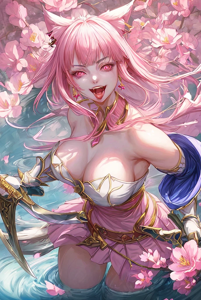 A beautiful anime-style girl, her image reflected in the large blade of a sword, woman, laughing, open mouth, bangs, animal ears, earrings, slightly parted lips, teeth, tongue, pink eyes, masterpiece, surrounded by flowers, breasts