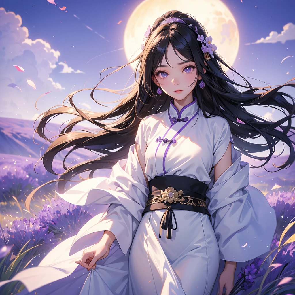 A beautiful girl with black long hair, wear white ancient chinese clothes, Stroll among the purple lavender fields , There are some floating clouds,, with the sun shining on her face, close up.