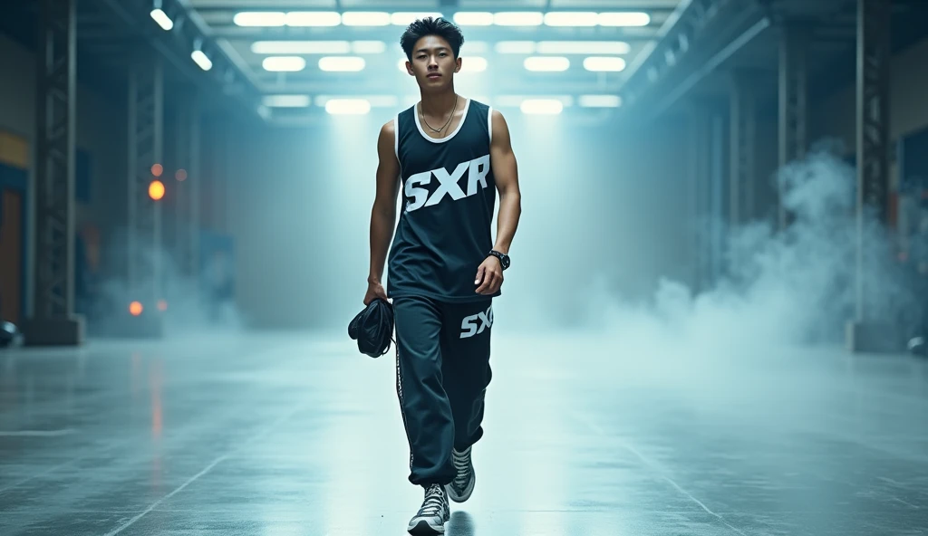 a sportwear fashion handsome 18 yrs. old, k pop Asian male model, runway show full body holding sports bag pack, tank top casual wear style, SXR logo design, ultra-detailed, film photography, light leaks, trending on sportwear, sharp focus, studio photo, futuristic detail please remember the following text:
"A sportswear fashionable 1 K-pop Asian male model walking the runway, carrying a sports backpack, wearing a casual tank top featuring the SXR logo design. The photo is ultra-detailed, shot using film photography with light leaks. The style is currently trending in sportswear, with sharp focus and futuristic details, captured in a studio setting." ls, highly detailed