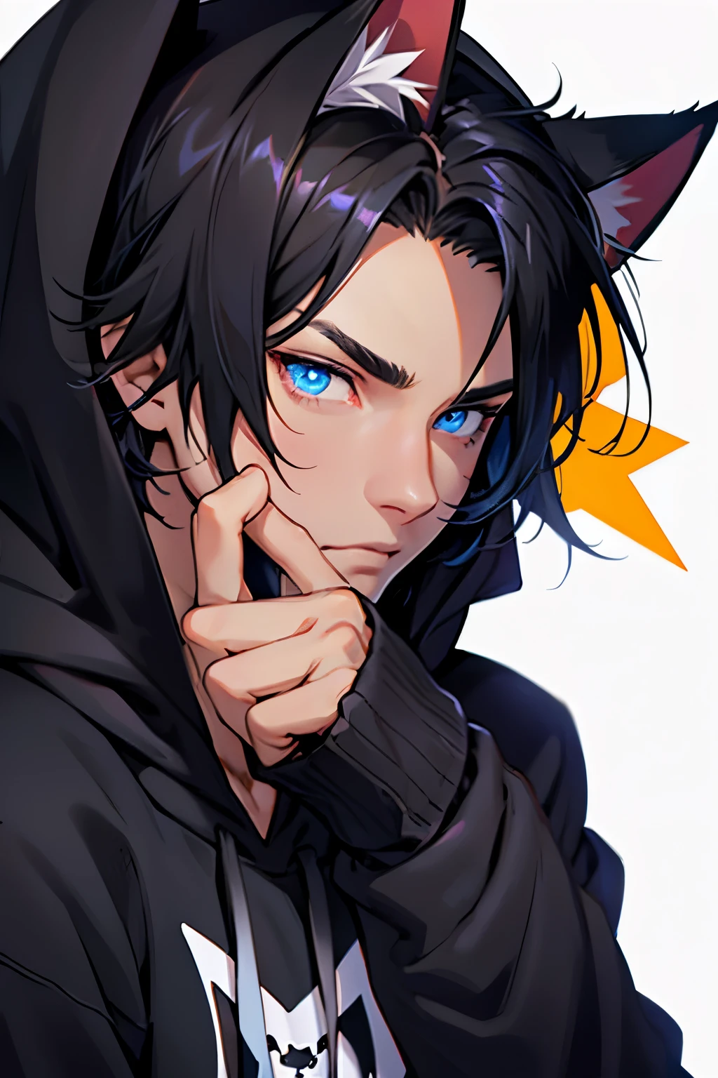 Boy, cat ears, black hair, black hoodie, Halloween themed, muscular, blue eyes, fair skin, , close up, human hand and fingers