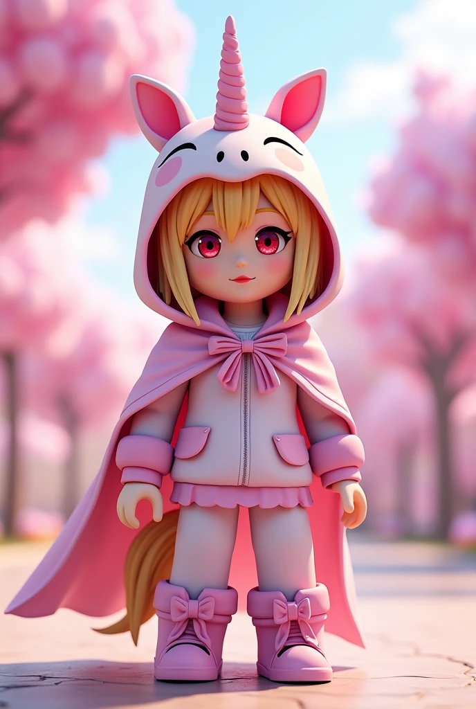 I want the image of a blond character with anime-like hair and red eyes in the format of Roblox, his model with a unicorn hat with 2 ears and 1 small horn and a cape behind him from Tomam Gang
