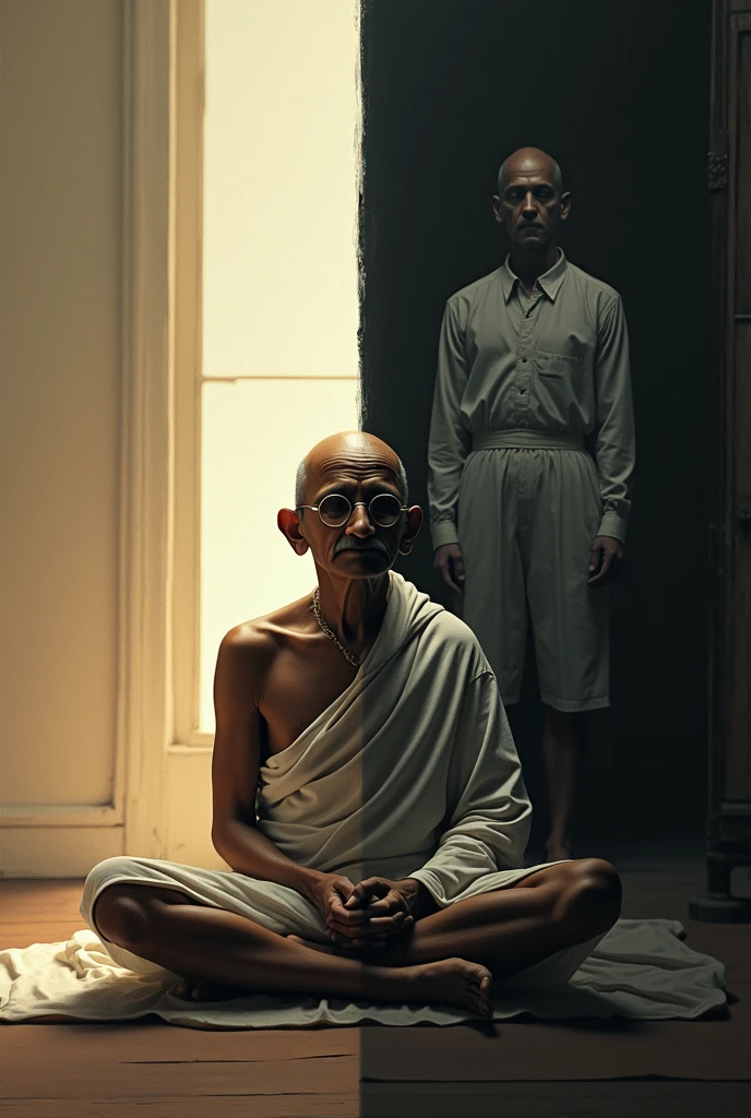 A split image of Gandhi meditating peacefully, eyes closed, and Godse in a dark room, staring at a photo of Gandhi, contemplating his decision to act. Historical images looks